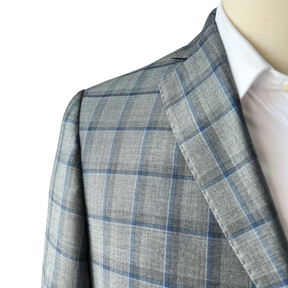 J Hilburn Grey and Blue Plaid Wool Sports Coat | 40 R